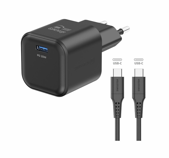 Picture of Swissten Travel Charger GaN USB-C 20W PD + Data Cable USB-C-USB-C 1.2m