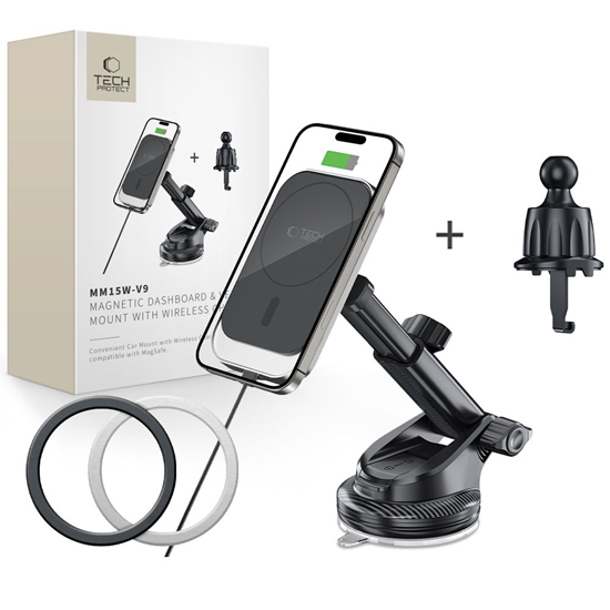 Picture of TECH-PROTECT MM15W-V9 MAGNETIC MAGSAFE DASHBOARD & VENT CAR MOUNT WIRELESS CHARGER 15W BLACK