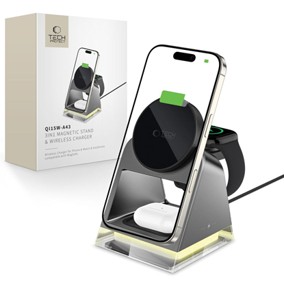 Изображение TECH-PROTECT QI15W-A43 3IN1 MAGNETIC MAGSAFE WIRELESS CHARGER BLACK