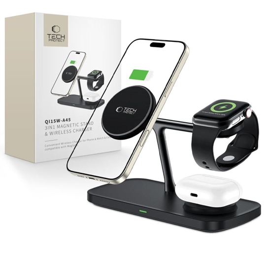 Изображение TECH-PROTECT QI15W-A45 3IN1 MAGNETIC MAGSAFE WIRELESS CHARGER BLACK