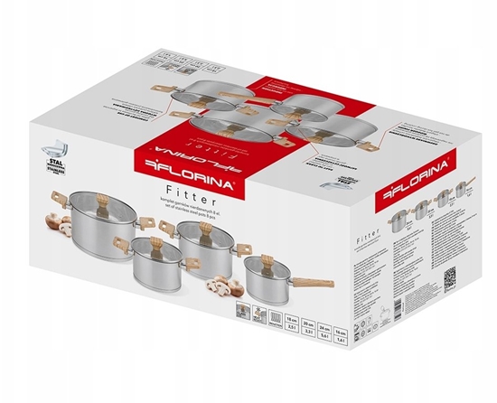 Изображение ZESTAW GARNKÓW FITTER INOX 8 CZ. (UCHWYTY DREWNIANE, 1,6L 2,5L 3,3L 5,6L +POKRYWKI)