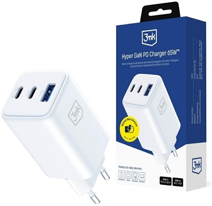 Picture of adowarka sieciowa 3MK Hyper GaN Charger 65W 1xUSB-A 2xUSB-C PD QC4+ biay