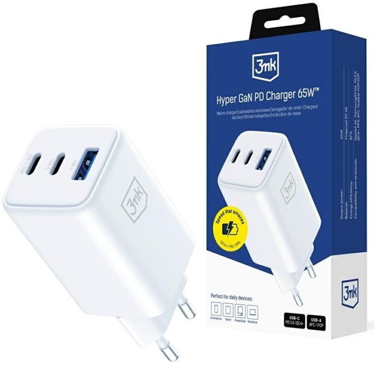 Picture of adowarka sieciowa 3MK Hyper GaN Charger 65W 1xUSB-A 2xUSB-C PD QC4+ biay
