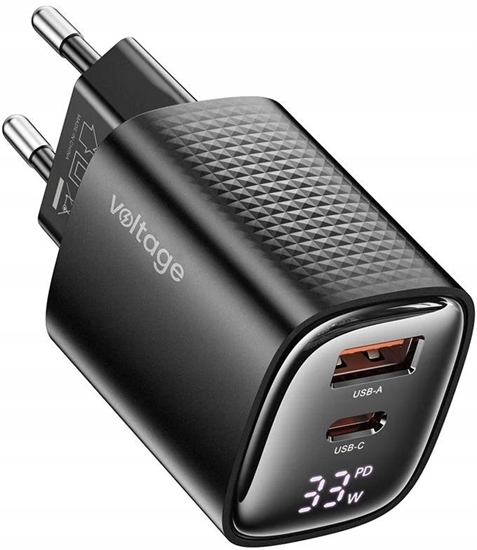 Изображение adowarka voltage adowarka sieciowa GaN Charger Mini 33W PD 3.0 QC 3.0 USB-A USB-C Digital Display czarna