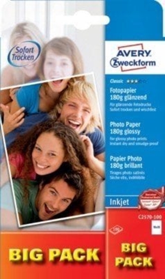 Изображение AVERY Fotopapir 10x15cm 180g Glossy t/inkjet 1 foto/ark 100ark/pak - (100 ark pr. pakke)