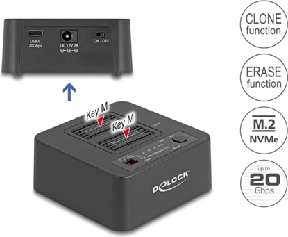 Picture of Delock USB 20 Gbps M.2 Docking Station for 2 x M.2 NVMe PCIe SSD with Clone and Erase Function