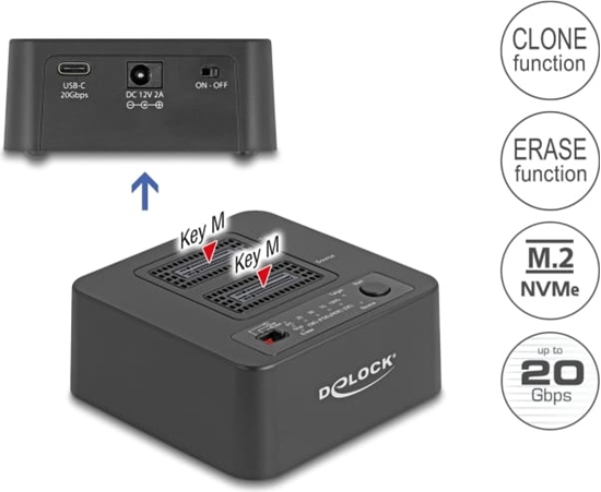 Picture of Delock USB 20 Gbps M.2 Docking Station for 2 x M.2 NVMe PCIe SSD with Clone and Erase Function