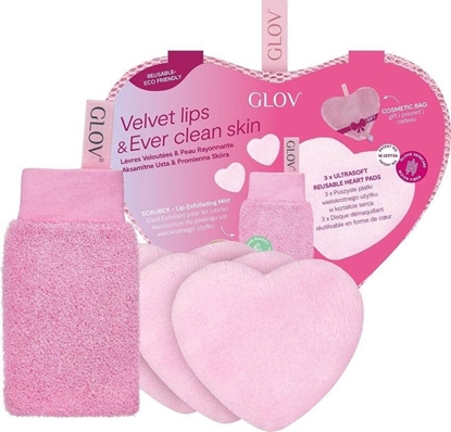Attēls no Glov Glov Lips & Ever Clear Skin zestaw rkawica do peelingu ust + wielorazowe patki kosmetyczne w ksztacie serca