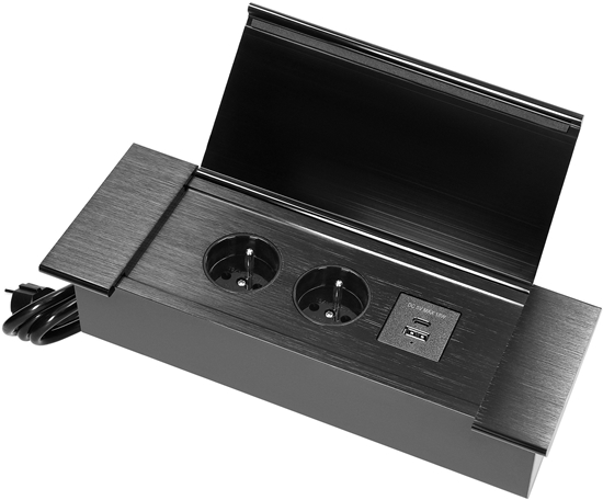 Picture of Gniazdo meblowe wpuszczane w blat z paskim frezowanym rantem, uchyln klapk, adowark USB i przewodem 1,5m, 2x2P,OR-GM-9048/B
