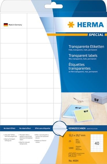 Picture of Herma Etykiety foliowe 4684, A4, 63.5 x 29.6 mm, folia przezroczysta matowa, 1000 szt (4684)