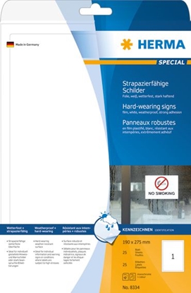 Изображение Herma Etykiety foliowe 8334, A4, do zastosowa na zewntrz, 190 x 275 mm, folia matowa biaa, 50 szt (8334)