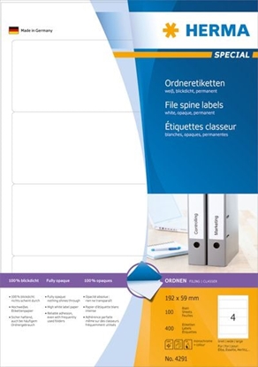 Picture of Herma Etykiety Special 4291, na segregatory, A4, biae, 192 x 59 mm, papier matowy nieprzejrzysty, 400 szt., zaokrglone naroniki. (4291)