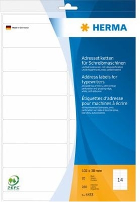 Attēls no Herma Naklejki adresowe dla maszyn do pisania, biay, 102 x 38 mm, 280 etykiet (4433)