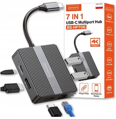 Attēls no HUB USB Zenwire Hub USB-C 7w1 Adapter USB 3.0 HDMI 4K 60Hz Display Port Gigabit RJ-45 1000M BS-HP706