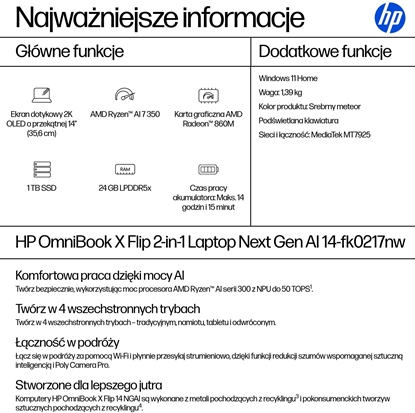Picture of Laptop HP OmniBook X Flip 2-in-1 NG AI 14-fk0217nw - Ryzen AI 7 350 | 16"-2K-OLED-Dotyk | 24GB | 1TB | Win11Home | Srebro meteorytowe