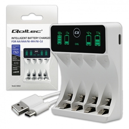 Picture of Qoltec Battery Charger for Ni-MH type R03 AAA R6 AA | LCD | USB-C cable | White