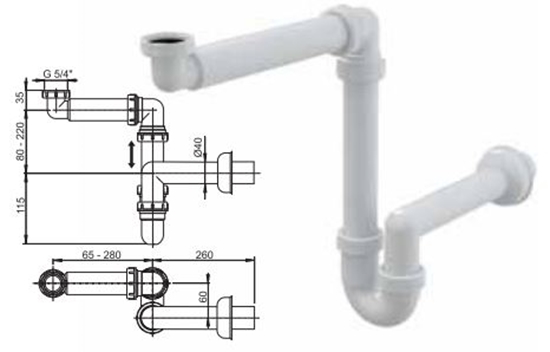 Изображение Syfon Alca plast rurowy 5/4" DN40 oszczdzajcy miejsce biay (A434)