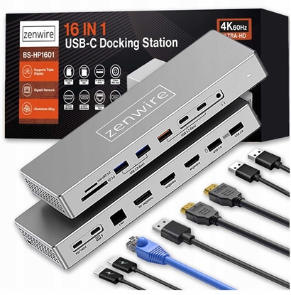 Attēls no Stacja Dokujca Hub USB-C 16w1 2x HDMI 4K 60Hz Display Port 1.4 USB SD Jack
