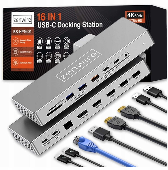 Picture of Stacja Dokujca Hub USB-C 16w1 2x HDMI 4K 60Hz Display Port 1.4 USB SD Jack