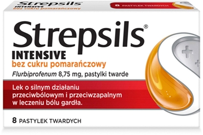 Attēls no STREPSILS_Intensive pastylki do ssania bez cukru o silnym dziaaniu przeciwbólowym i przeciwzapalnym w leczniu bólu garda suplement diety Pomaracza 8 szt.
