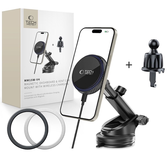 Picture of TECH-PROTECT MM15W-V4 MAGNETIC MAGSAFE DASHBOARD & VENT CAR MOUNT WIRELESS CHARGER 15W BLACK