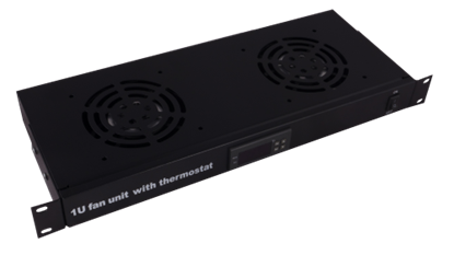 Attēls no 1U divu ventilatoru bloks 19" komutācijas skapim, ar LCD displeju un termostatu