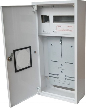 Attēls no Alfako Rozdzielnica licznikowa metalowa na licznik elektroniczny 1 X TL 3F + 11 zabezpiecze zamek okienko RAL 9003A-RZ12E