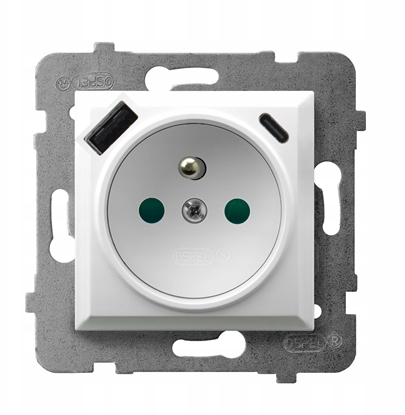 Attēls no ARIA Gniazdo pojedyncze z uziemieniem z przesonami torów prdowych, z adowark USB A+C biay GP-1UZPUSBAC/m/00