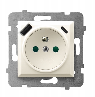 Attēls no ARIA Gniazdo pojedyncze z uziemieniem z przesonami torów prdowych, z adowark USB A+C ecru GP-1UZPUSBAC/m/27