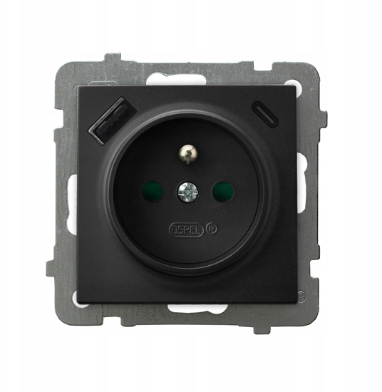 Picture of AS Gniazdo pojedyncze z uziemieniem z przesonami torów prdowych, z adowark USB A+C czarny metalik GP-1GZPUSBAC/m/33