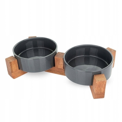 Attēls no Barry King Zestaw 2 misek dla kota na stojaku drewnianym, ciemnoszary, ceramiczny, 12cm