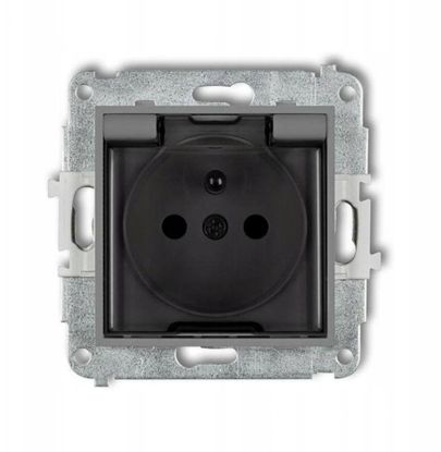 Attēls no ICON Mechanizm gniazda bryzgoszczelnego z uziemieniem 2P+Z (klapka dymna, przesony torów prdowych) szary mat 27IGPB-1zdp