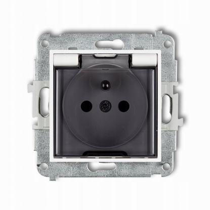 Attēls no Karlik Mechanizm gniazdo odporne na zachlapania z uziemieniem, klapka dymna, przesony torów prdowych, matowy biay 25IGPB-1zdp