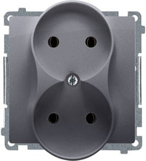 Изображение Kontakt-Simon Gniazdo wtyczkowe Basic podwójne bez uziemienia z przesonami torów 16A 250V srebrny mat (BMG2Mz.01/43)