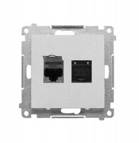 Изображение Kontakt-Simon Podwójne gniazdo komputerowe RJ45 kategoria 6, ekranowane z przeson przeciwkurzow (modu) Aluminium mat T62E.01/143