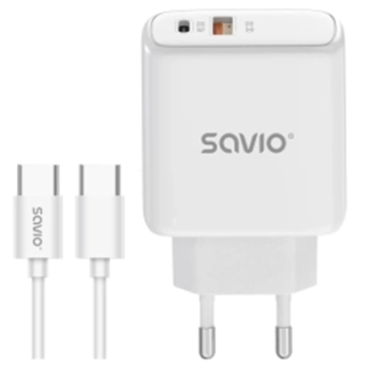 Изображение Lādētājs SAVIO Wall Charger 20 W 1× USB-A, 1× USB-C with USB-C 1m cable