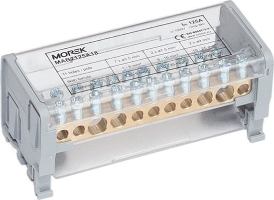 Picture of MOREK Blok dystrybucyjno-rozdzielczy MOBLOCK 2-polowy 1000V, 125A-11 2x35mm2 + 2x25mm2 + 7x6mm2 TS35 MAB2125A18