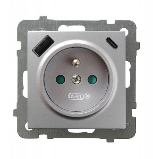 Picture of Ospel Gniazdo pojedyncze gniazdo z uziemieniem z przesonami torów prdowych z adowark USB A+C srebrne GP-1GZPUSBAC/m/18