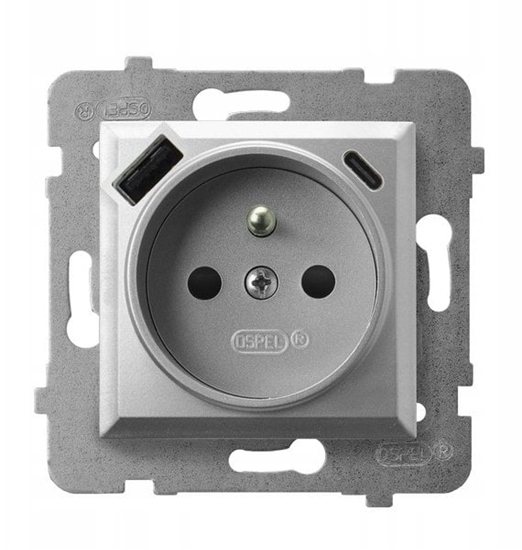Picture of Ospel Gniazdo pojedyncze z uziemieniem z przesonami torów prdowych, z adowark USB A+C srebro GP-1UZPUSBAC/m/18