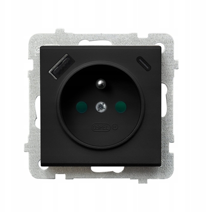 Picture of Ospel Gniazdo single with grounding with protective shutters for current tracks z adowark USB A+C czarny metalik GP-1RZPUSBAC/m/33