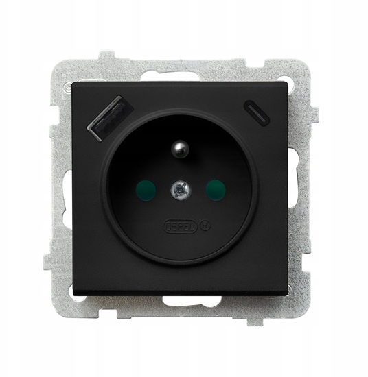 Picture of Ospel Gniazdo single with grounding with protective shutters for current tracks z adowark USB A+C czarny metalik GP-1RZPUSBAC/m/33