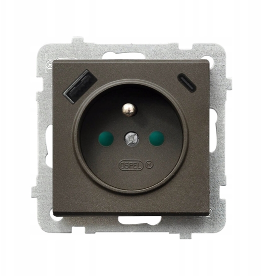 Picture of Ospel SONATA Gniazdo single with grounding and protective shutters for current tracks, z adowark USB A+C chocolate metallic GP-1RZPUSBAC/m/40