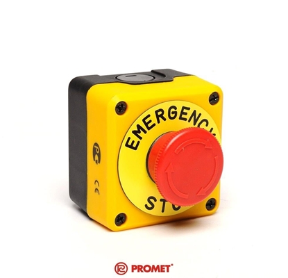 Picture of Promet Kaseta czarno-óta stop bezpieczestwa ryglowany 40mm (1NC) z tabliczk opisow "Emergency Stop" - P1EC400E40-K