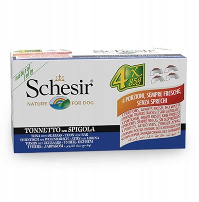 Attēls no Schesir Karma mokra multipack, dla psów, tuczyk z dorszem w galarecie, 4x85 g, puszka