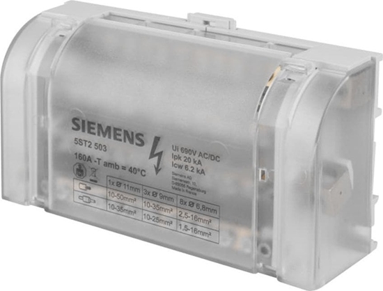Изображение Siemens Blok rozdzielczy 160A 4P 500V 1x10-35mm2 3x6-25mm 8x2,5-16mm2 5ST2503