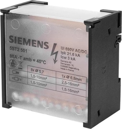 Attēls no Siemens Blok rozdzielczy 80A 4P 500V 1x6-16mm2 + 8x4-10mm2 DIN 5ST2501