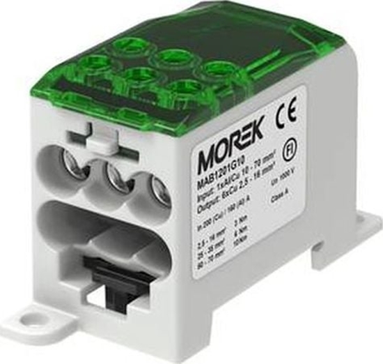 Picture of Simet Blok rozdzielczy CU 1-potencjaowy, 200 A (Cu) 160A (AL) / 70mm2/ TS 35/ wejcie 1x10-70 wyjcie: 6x2,5-16 mm2 zielony MAB12