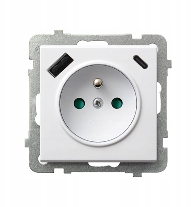 Picture of SONATA Gniazdo pojedyncze z uziemieniem z przesonami torów prdowych, z adowark USB A+C biay mat GP-1RZPUSBAC/m/75