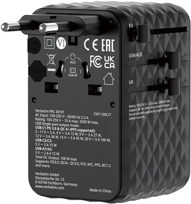Изображение Verbatim Charge'n'Travel Adapter 100W 1C retractable black