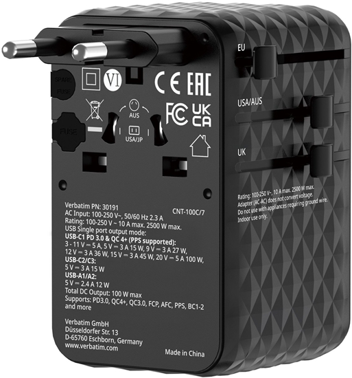 Изображение Verbatim Charge'n'Travel Adapter 100W 1C retractable black